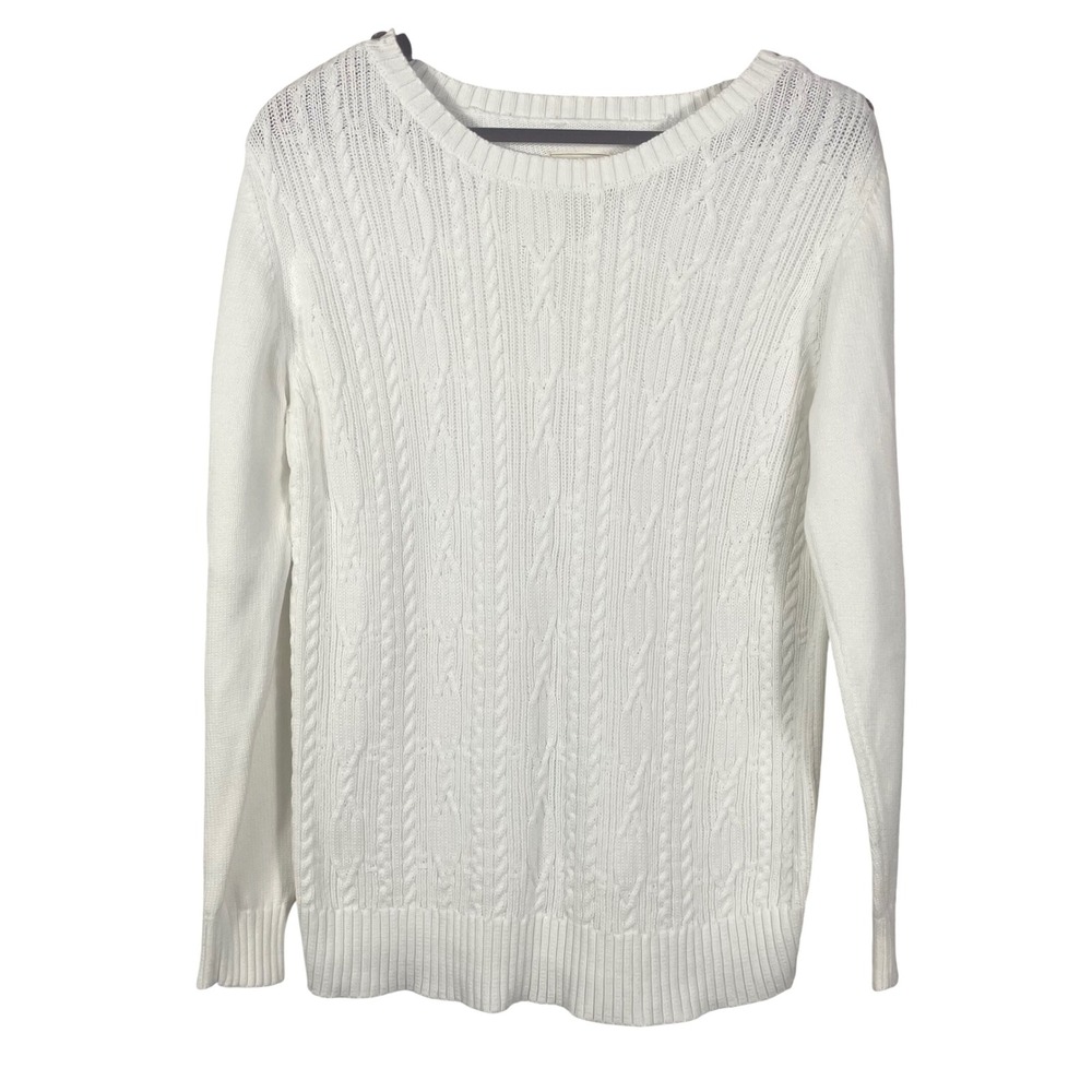 Hope‎ & Henry Women's White Cable Knit Sweater Organic Cotton Button Shoulder  L